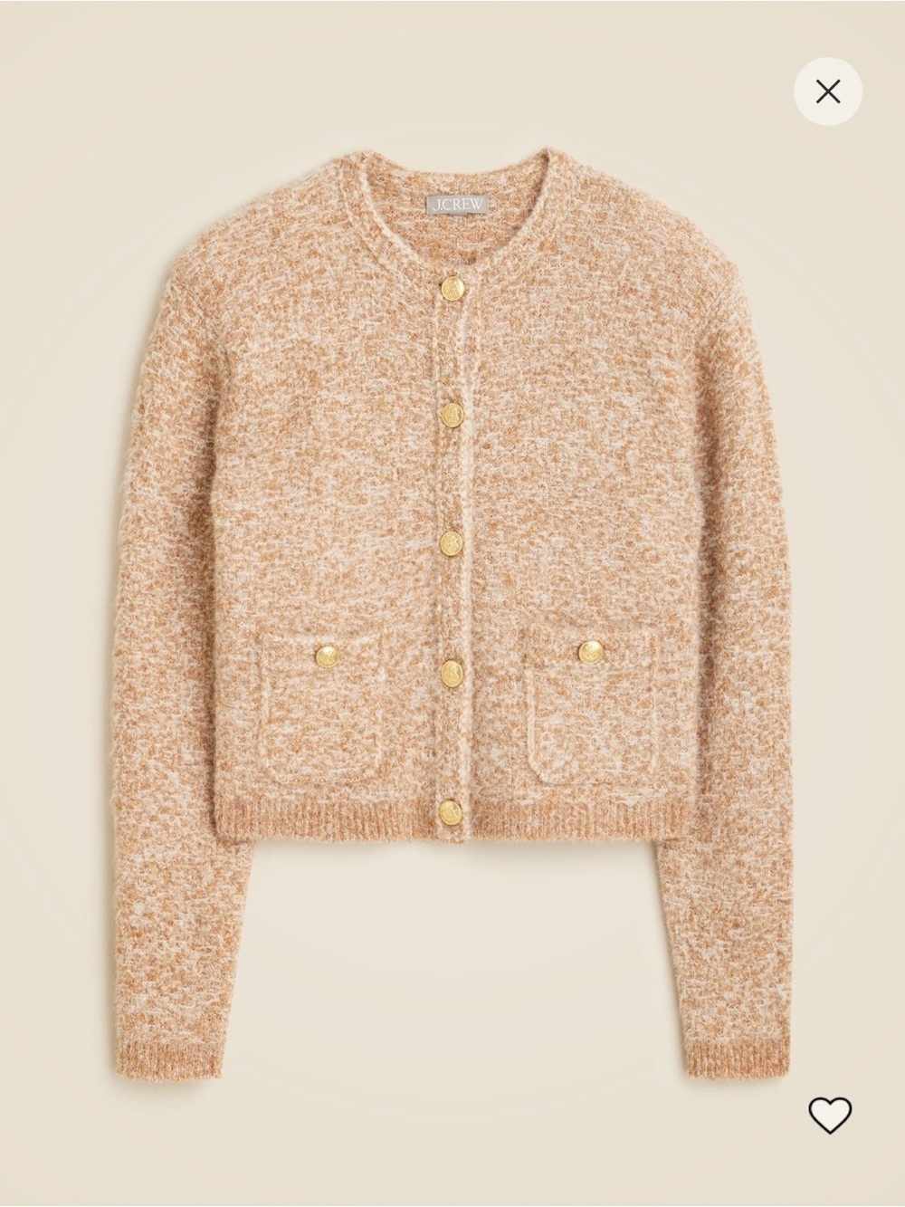J. Crew Bouclé Crewneck Cardigan in Cream and Tan with Gold Buttons